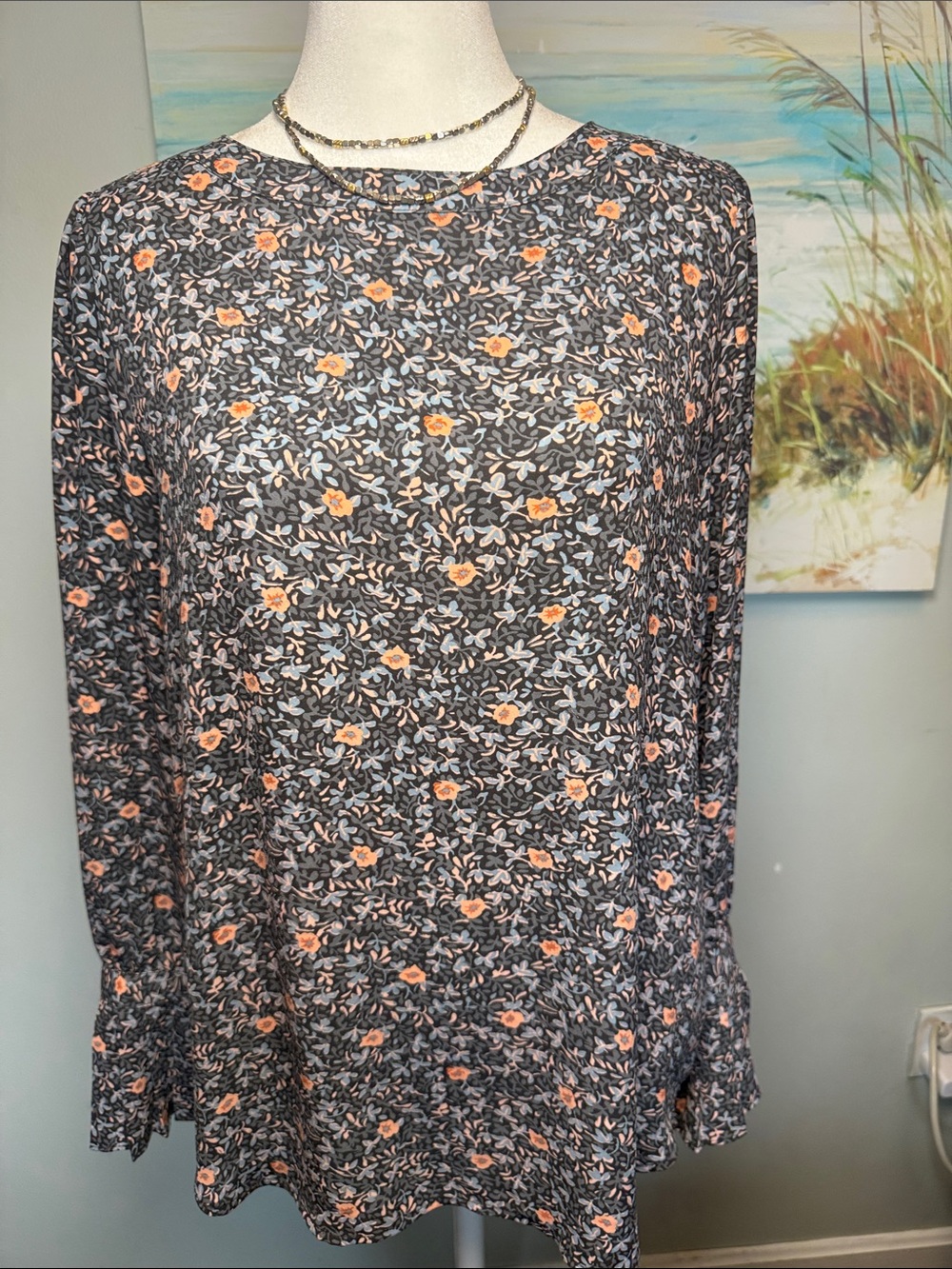LOFT Black Floral Crewneck Blouse with Peach Accents
